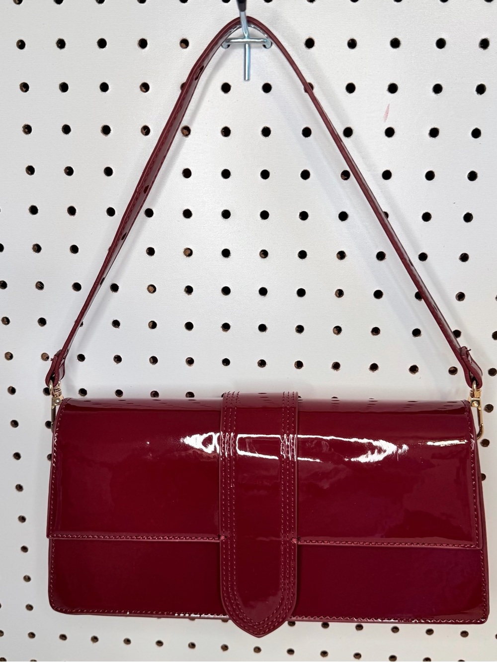Moda Luxe Burgundy Patent Look Shoulder Bag Y2K Glossy Baguette Purse